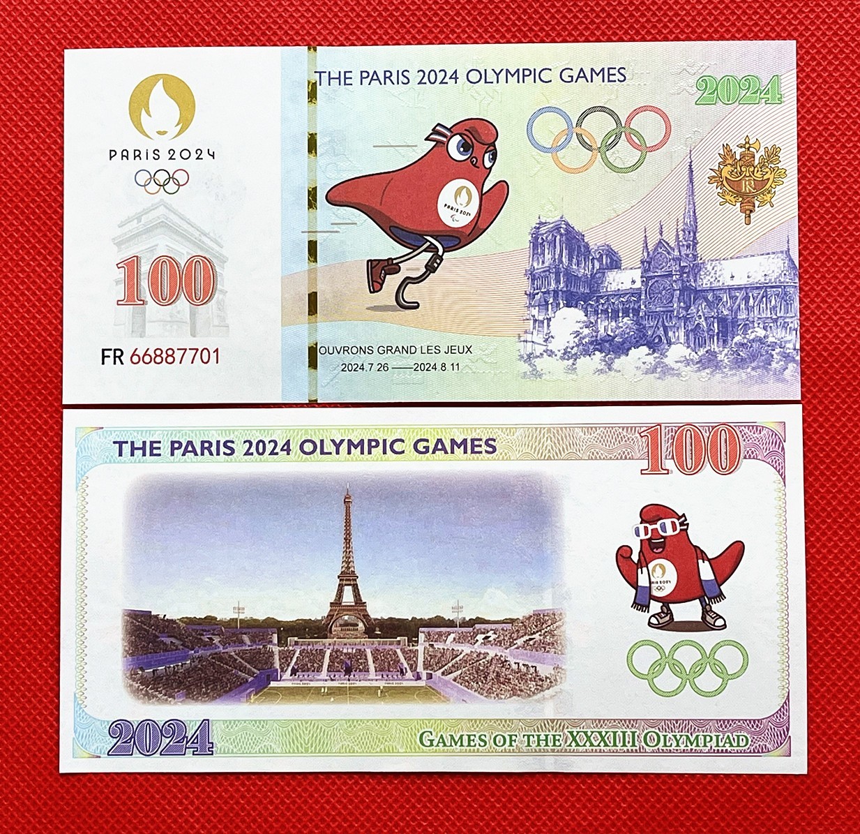 100 Pieces Of Fance 2024 Paris Olympic Games onsecutive-numbered banknotes