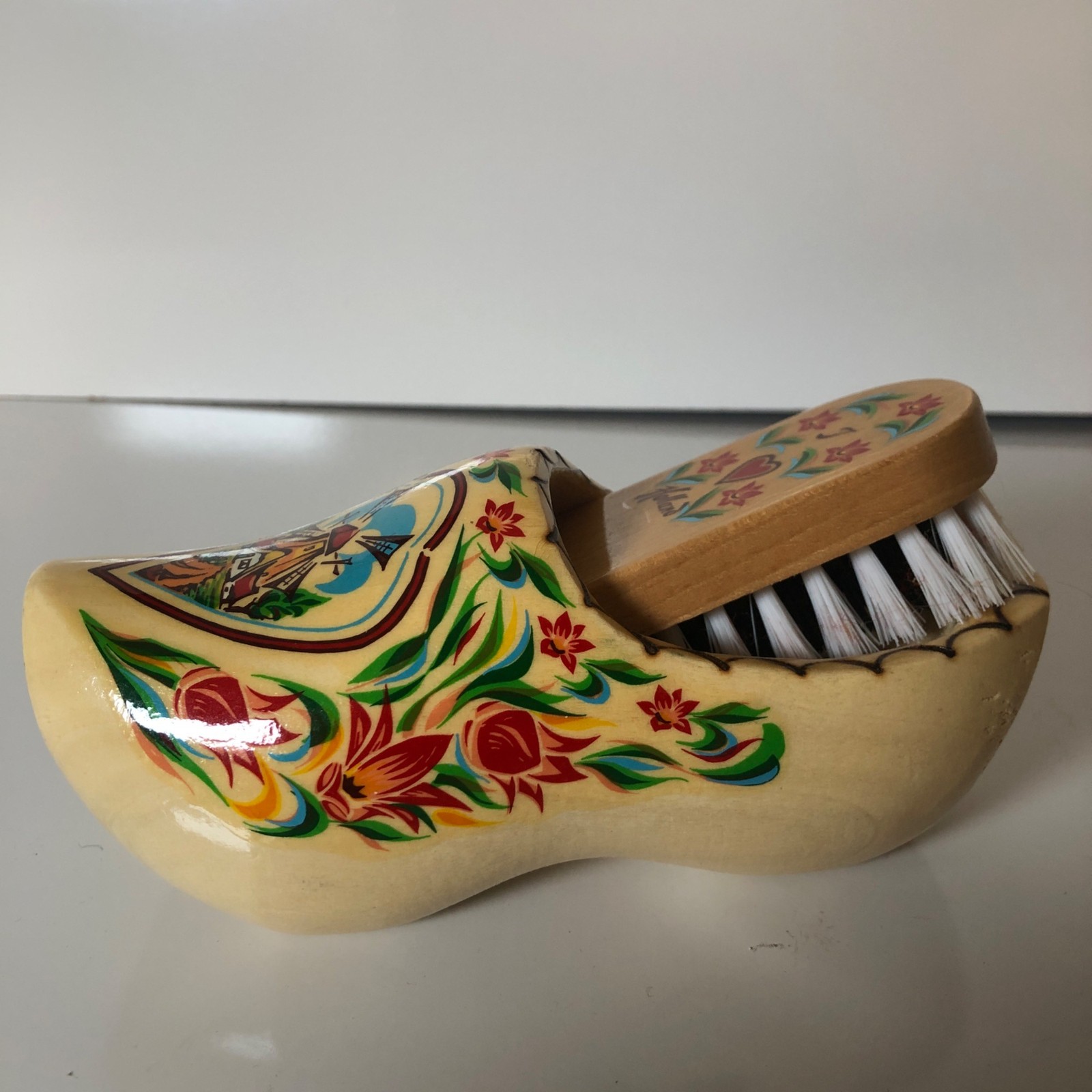 Decorative Dutch Delft Wooden Shoe Brush Holder and Brush Holland Floral Design Decorative Dutch Delft Wooden Shoe Brush Holder and Brush Holland Floral Design