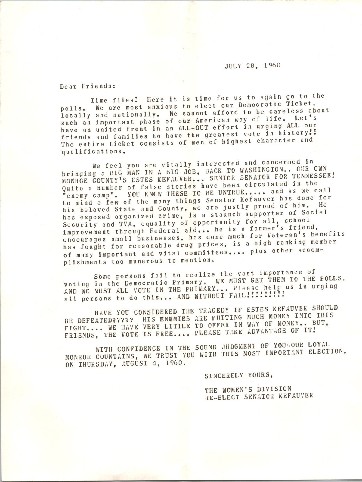 1960 Re Elect Senator Estes Kefauver Women\'s Division Campaign Letter Monroe Co