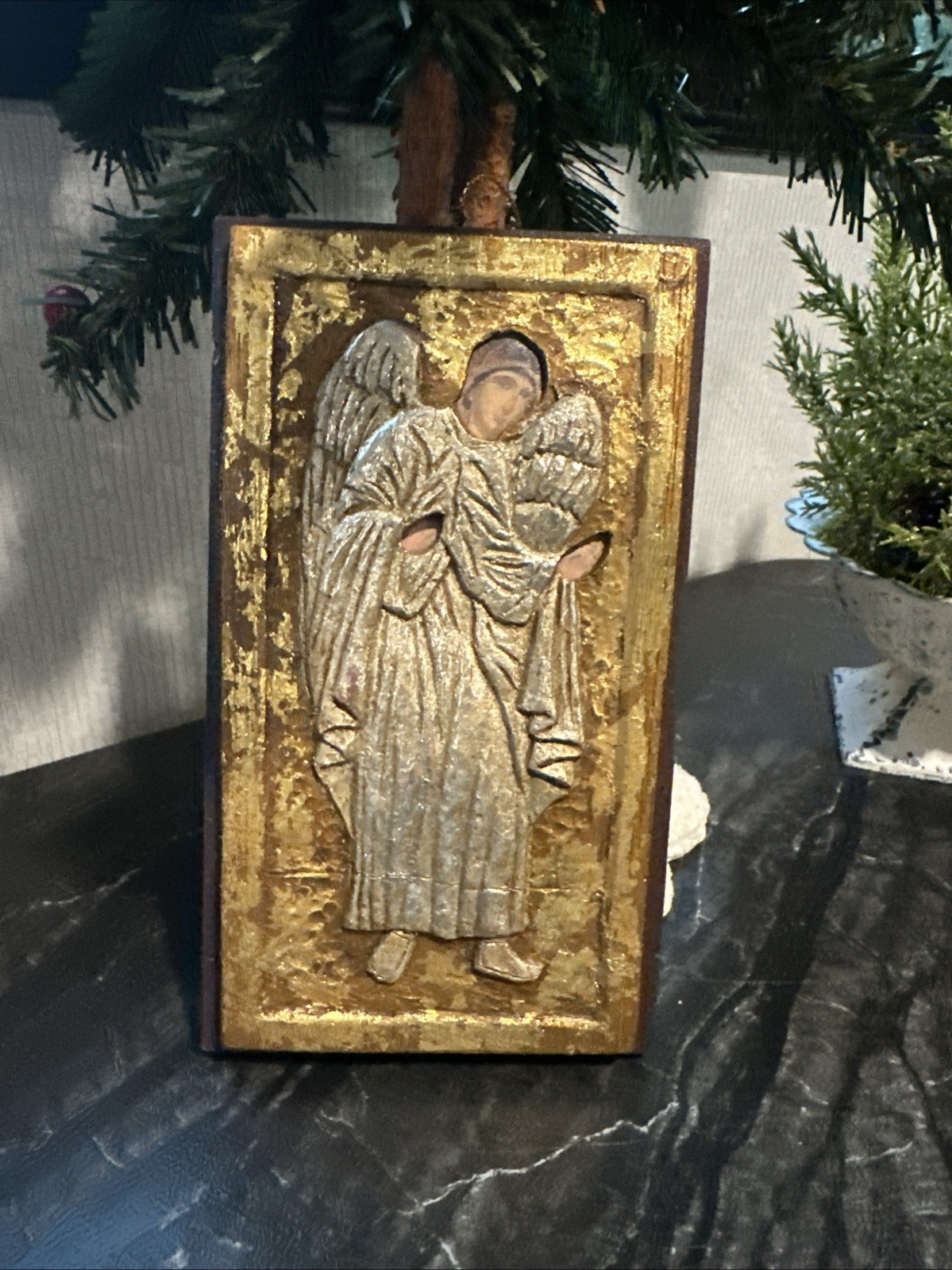 Vtg Hand Carved ANGEL PLAQUE Ornament Decoupage Gold Hanging Wooden Gift Idea