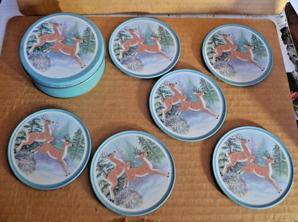 Vintage JSNY WINTER DEER Coasters (6) In Tin Aqua Vintage JSNY WINTER DEER Coasters (6) In Tin Aqua