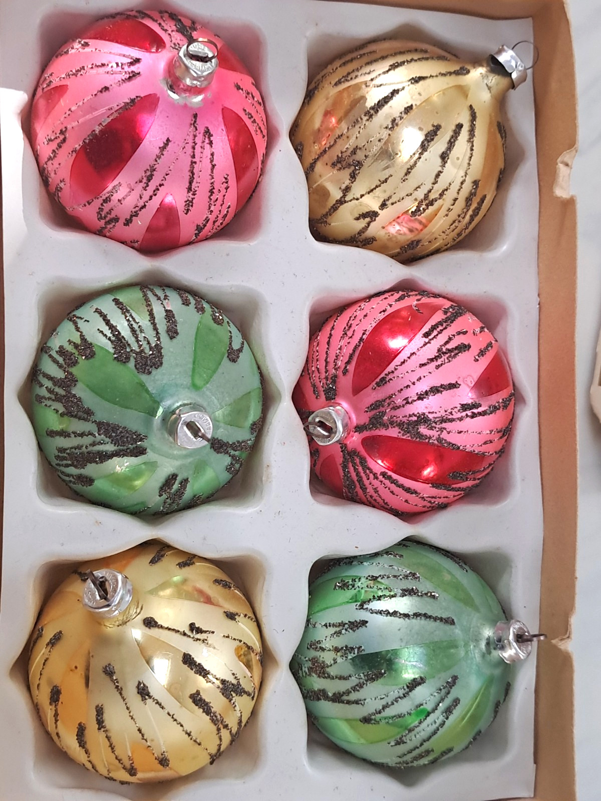 6 Vintage Glitter Mercury Glass Christmas Ball Ornaments West Germany