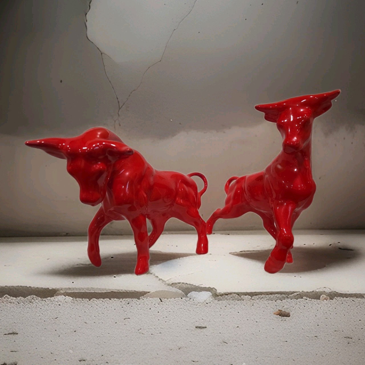 ​Vintage MCM Red Ceramic Bull Figurines Pair Mid Century Modern Japan Glazed Set