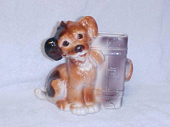 Royal Copley Terrier Pup With Suitcase Vintage Dog Figurine Planter 1940s