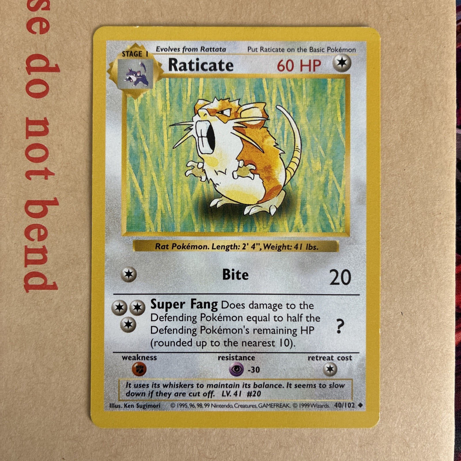 Raticate 40/102 Base Set Shadowless WOTC Pokemon Card LP Condition