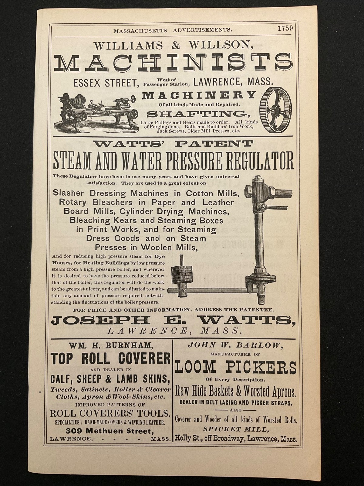 1883 Antique Ad Page Williams & Willison Machinists, Springfield City Paper MA