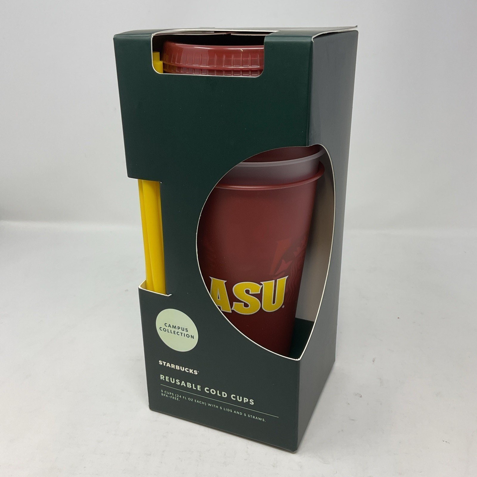Starbucks ASU Arizona State Univ 5-Pack Reusable Cold Cups 240z  5 Lids 5 Straws