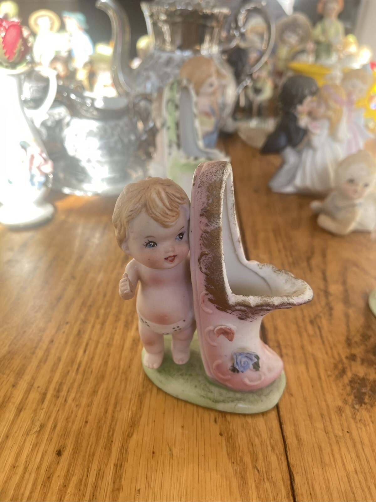 Baby With Diaper On And Shoe Planter Bud Vase Pink Shoe