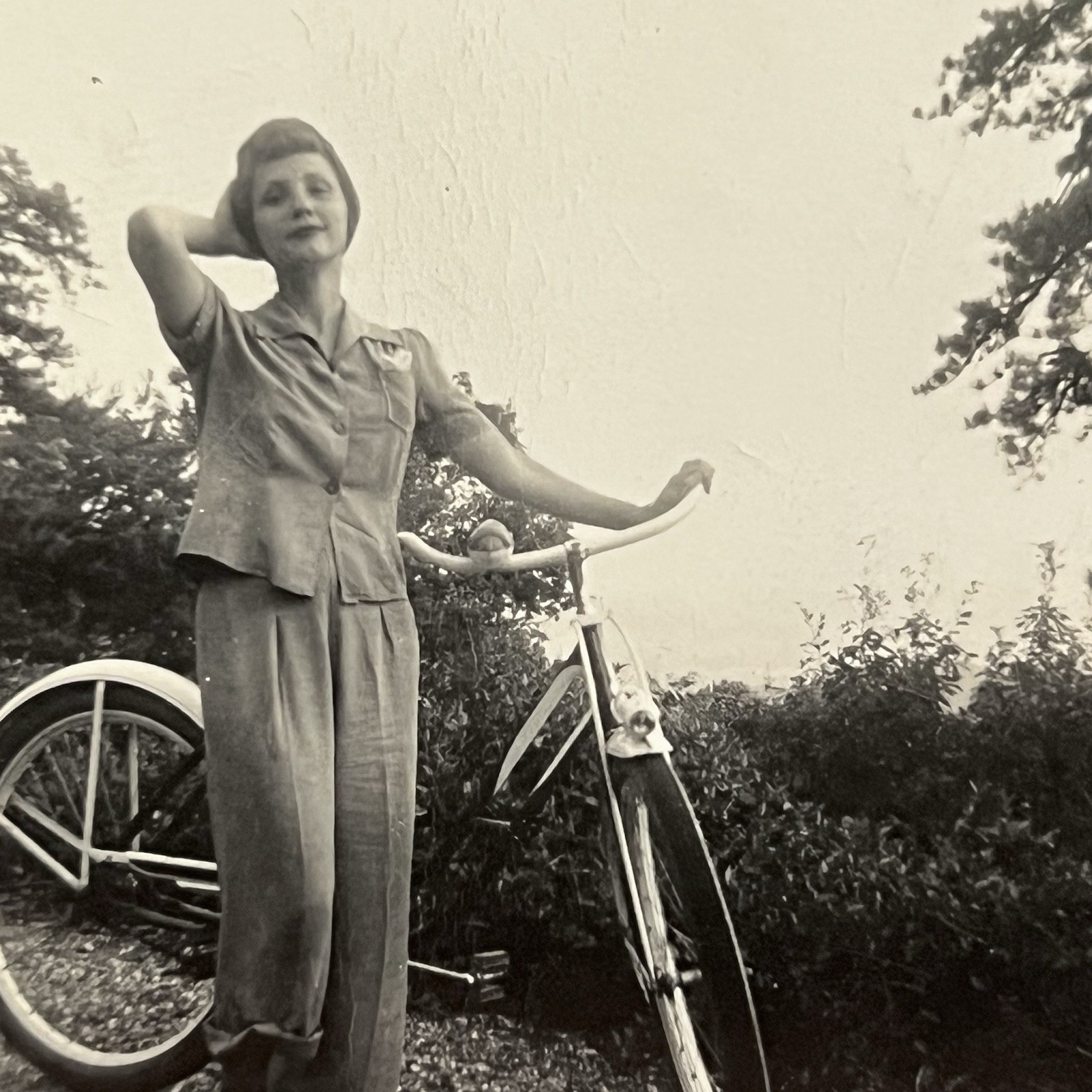 Vintage Snapshot Photograph Beautiful Young Woman Hand Behind Head Bike Bicycle