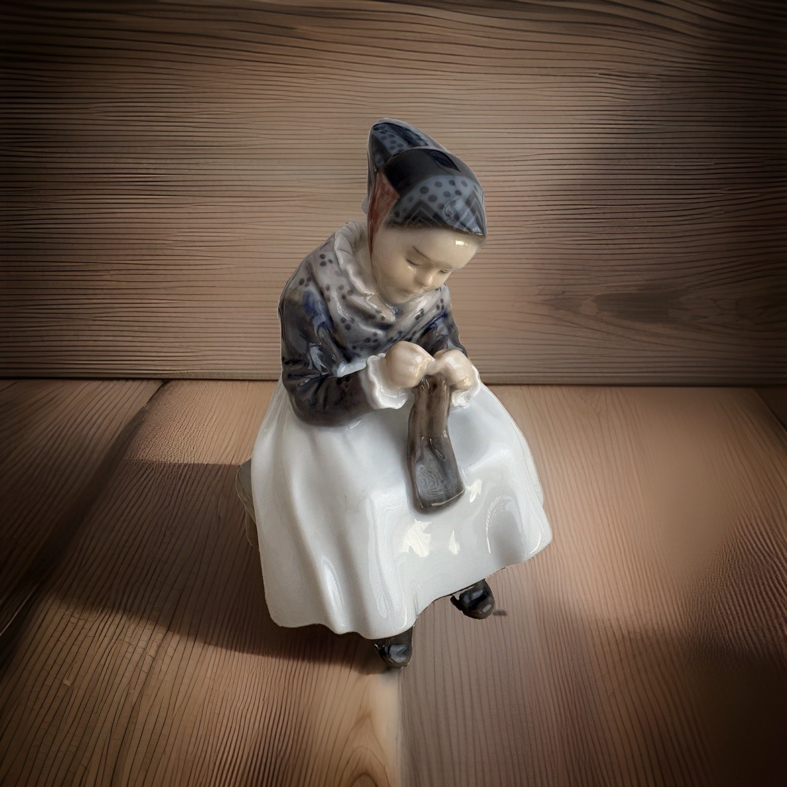 Antique Royal Copenhagen Denmark #1314 'Amager Girl Knitting' Porcelain Figurine