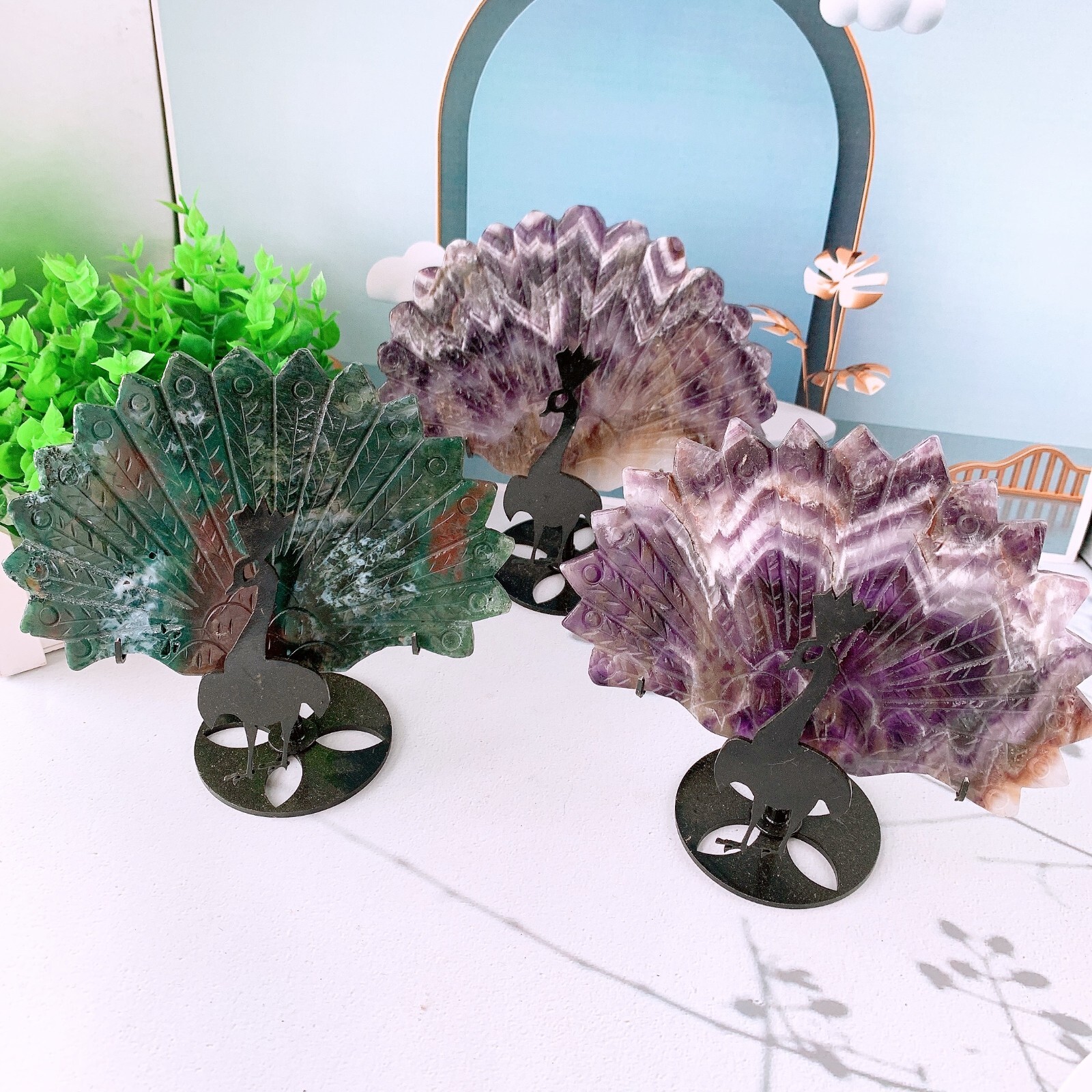 3pc  Natural Crystal amethyst wings with stand Peacock wings carving  Home decor