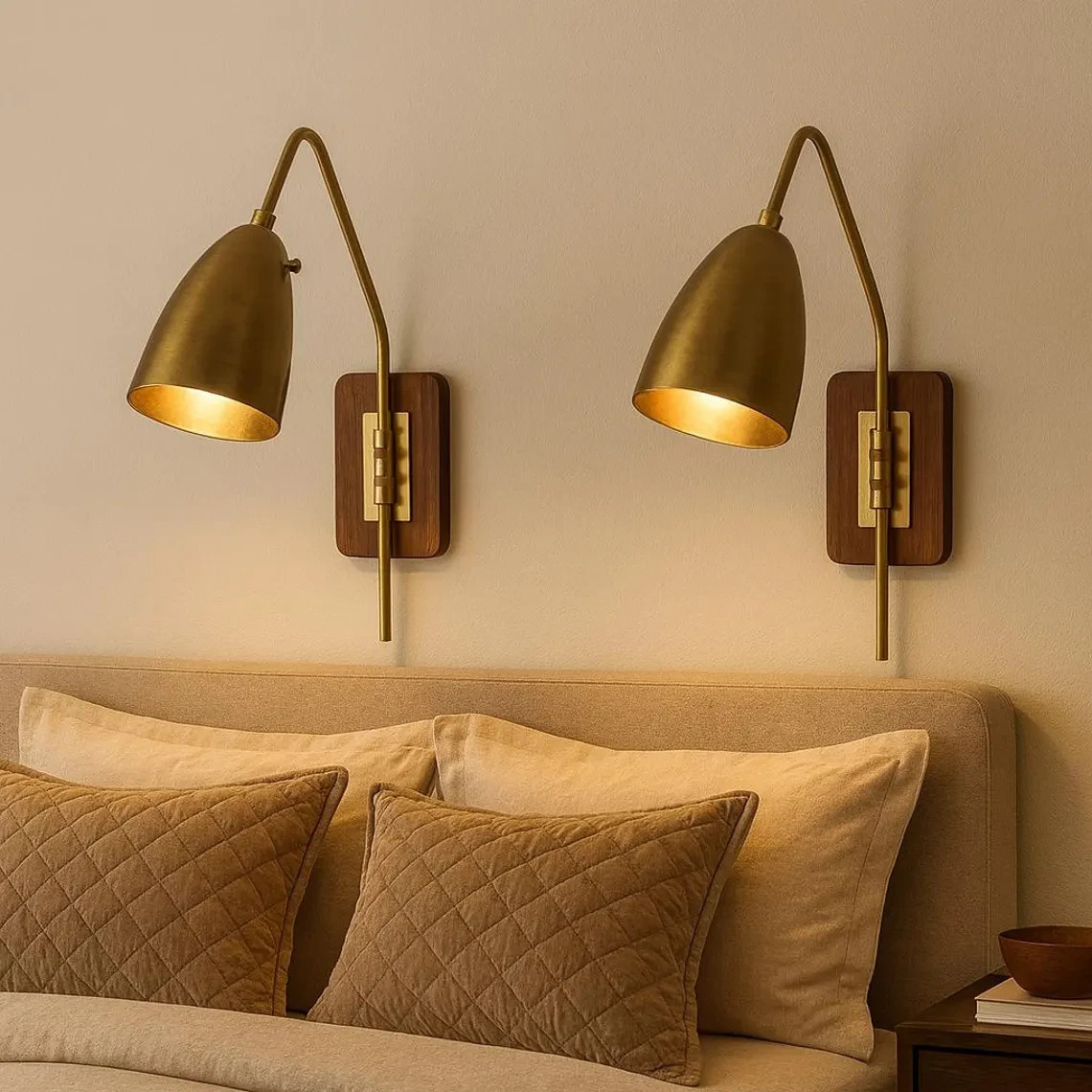 Pair of Mid Century Adjustable Modern Wall Sconces Brass Cone Home Offices.