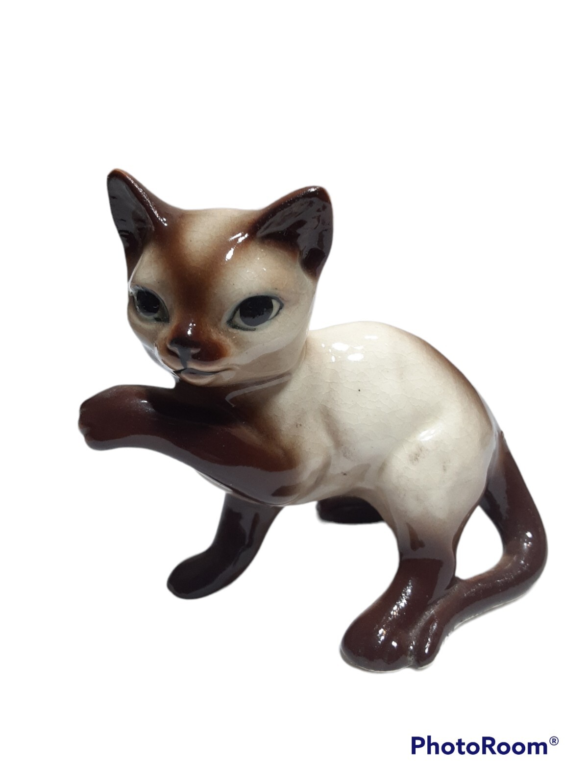 Vtg Porcelain Siamese Cat Kitten Kitty Sitting Waving Figurine 3\