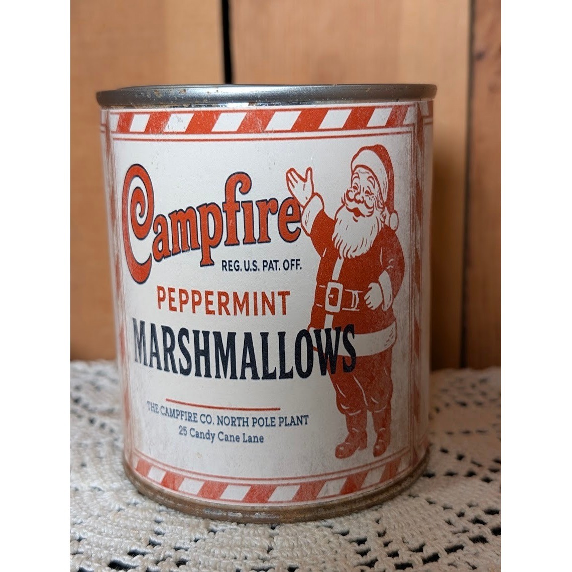 Christmas CAMPFIRE PEPPERMINT Marshmallows Rusty Vintage Inspired Pint Tin