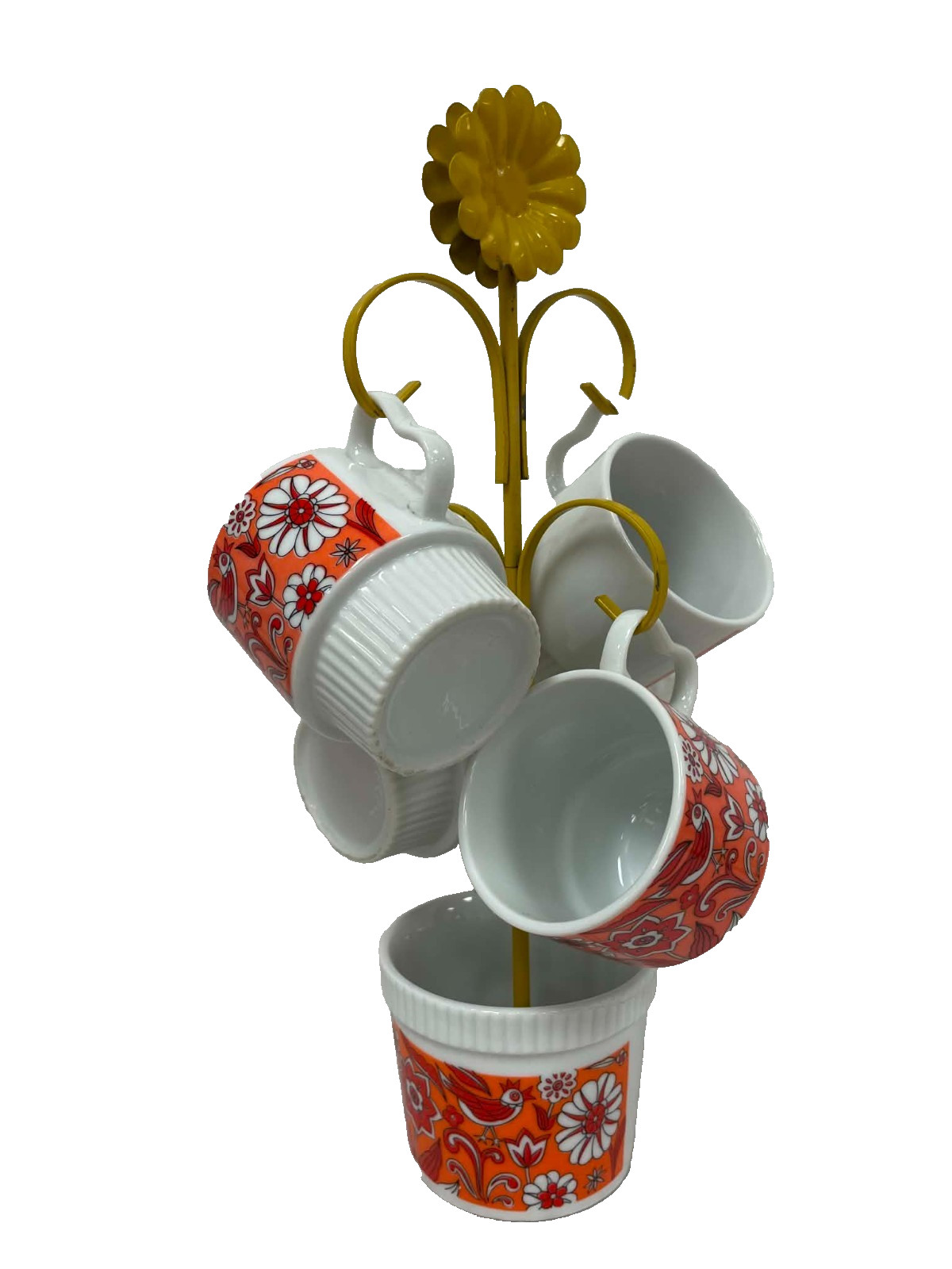 VTG 1970s Mug Tree Set Japan Mod Flower Power Orange Daisy Birds 4 Mugs Stand