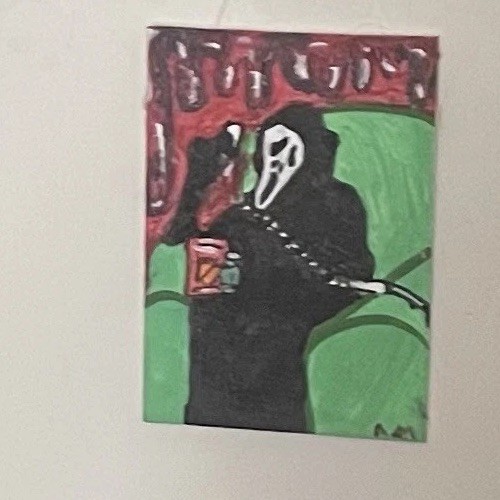 Ghost Face  Scary Movie Character Holding Telephone With Doritos And Monster