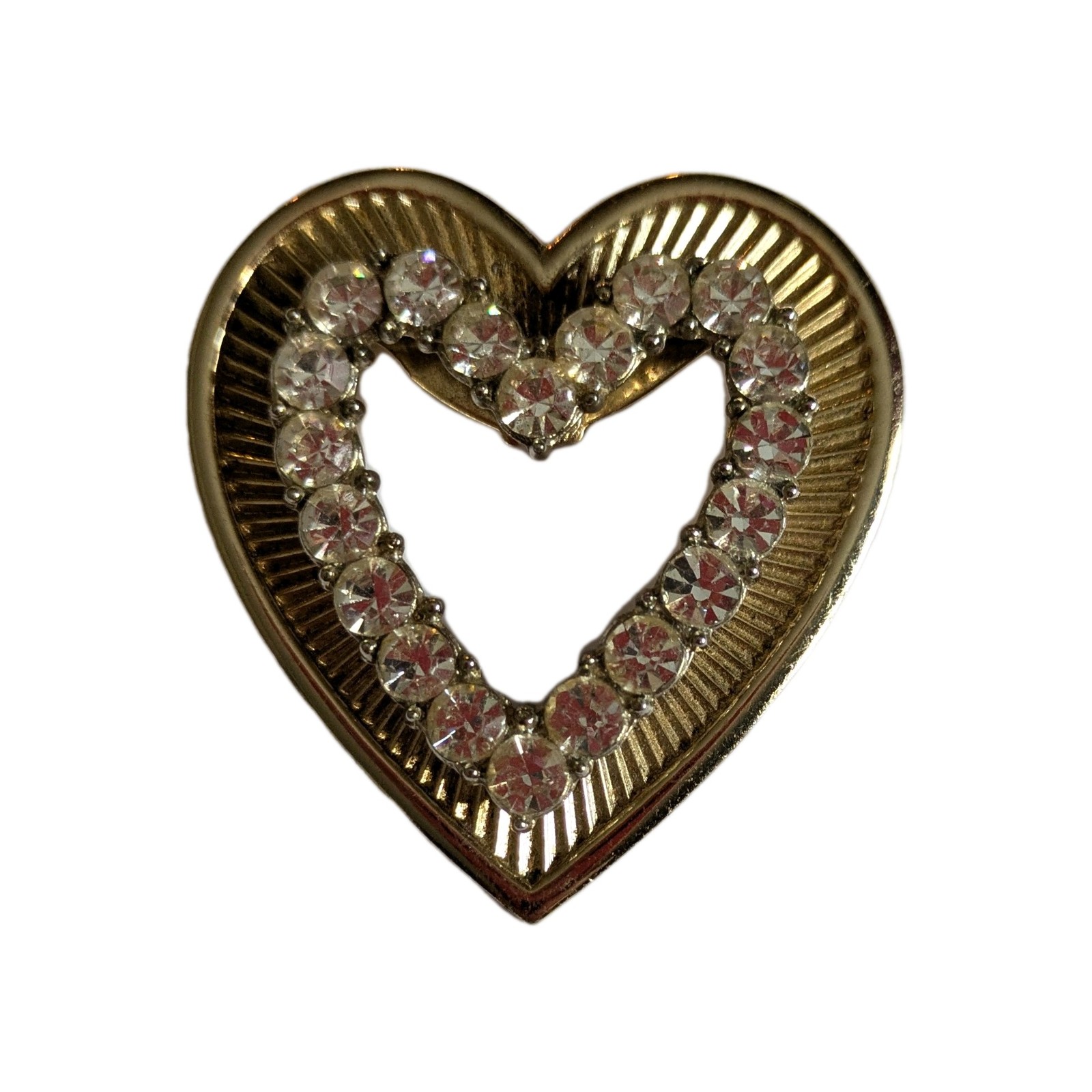 Beautiful Gold Tone and Clear Rhinestone Vintage Heart Shaped Brooch