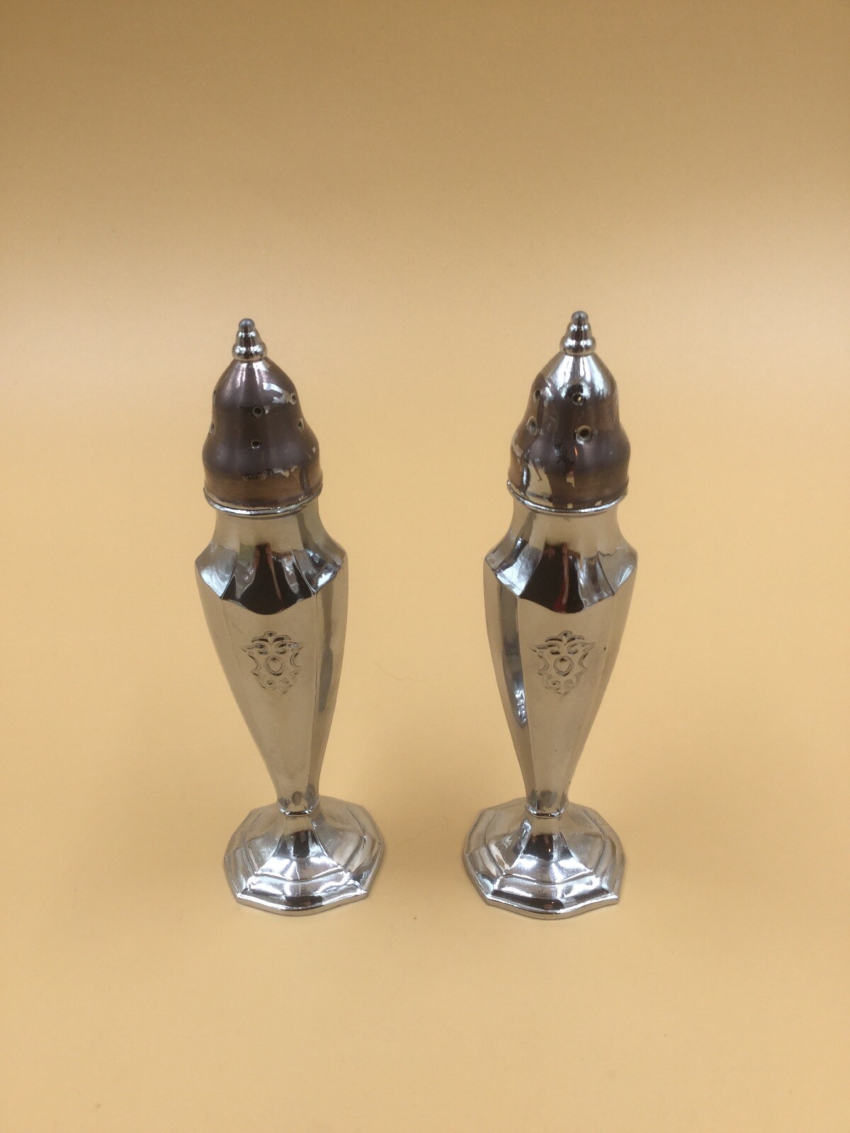 Set of Chrome/Silver Plated Salt & Pepper Shakers, 5.25” Tall