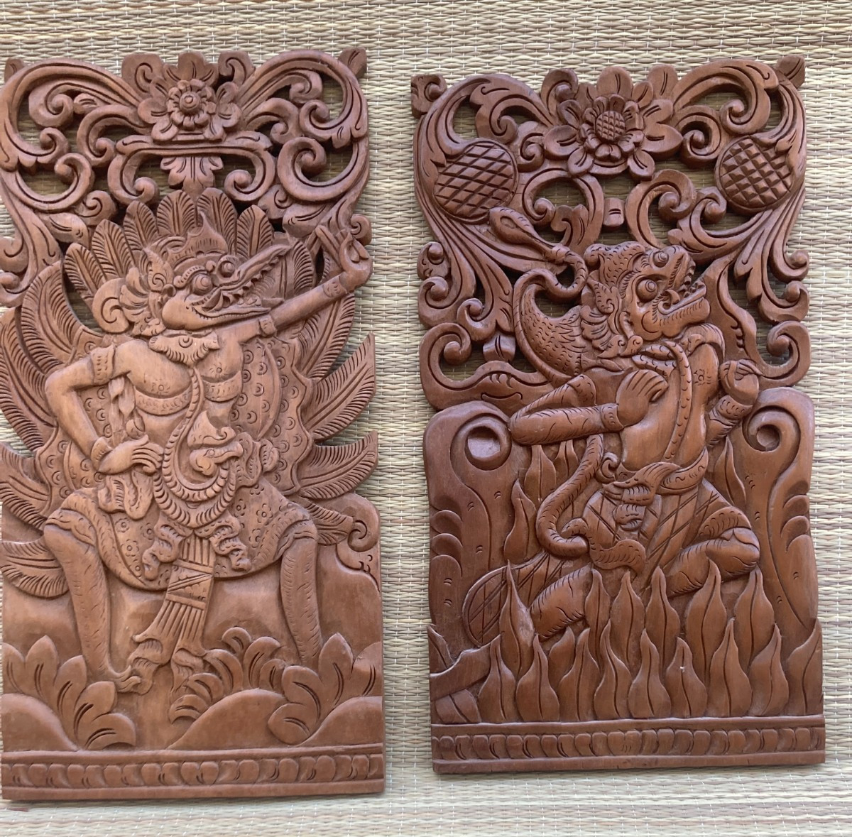 Pair Vintage BALINESE RAMA & SITA High Relief Intricate Wall Art Teak Wood