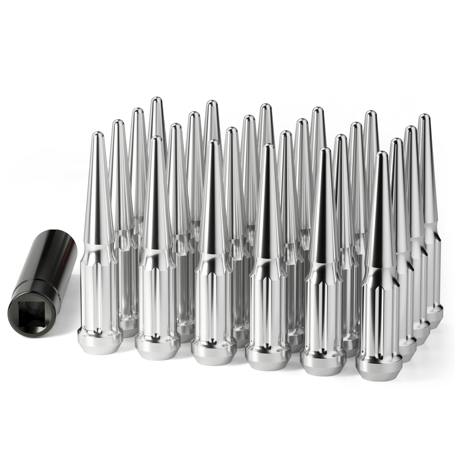 M14x1.5 Spike Lug Nuts 24Pc Chrome 4.4in 60° Conical Fits Silverado Sierra F150