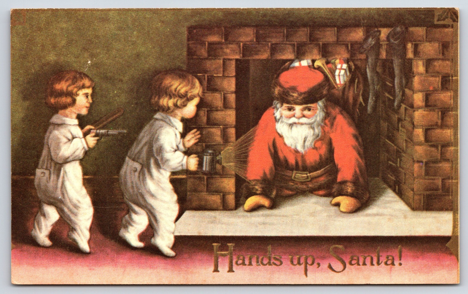 Vintage Reproduction Hands Up Santa Christmas Children Postcard Vintage Reproduction Hands Up Santa Christmas Children Postcard