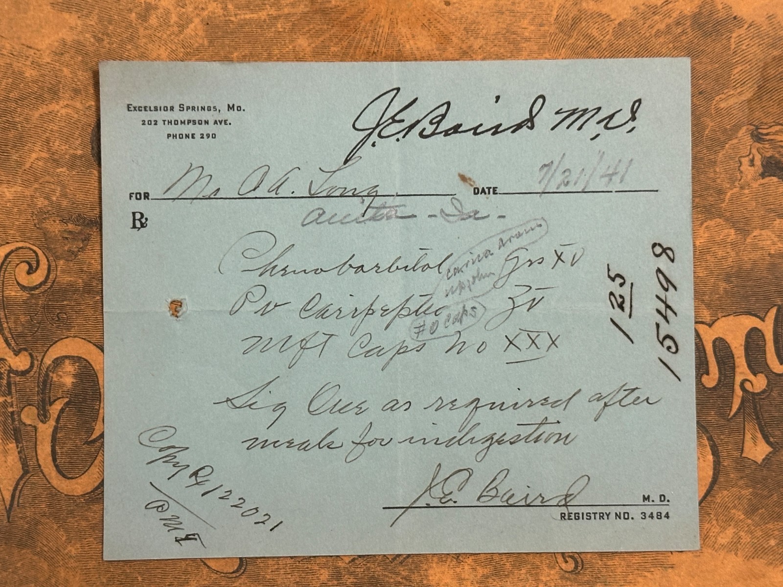 1941 prescription PHENOBARBITAL Dr. Baird Excelsior Springs MO, Anita IA patient