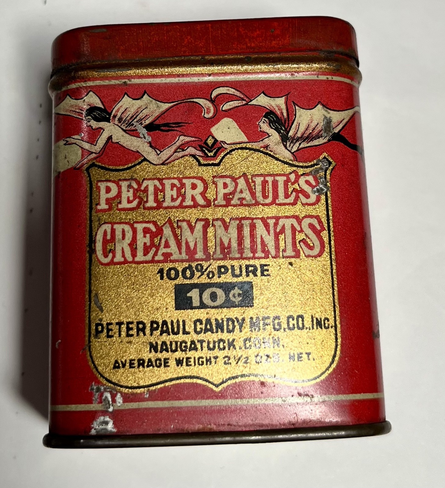 Vintage Red Peter Paul\'s Cream Mints Candy Tin, Naugatuck, Conn early 1900s-VG Vintage Red Peter Paul\'s Cream Mints Candy Tin, Naugatuck, Conn early 1900s-VG