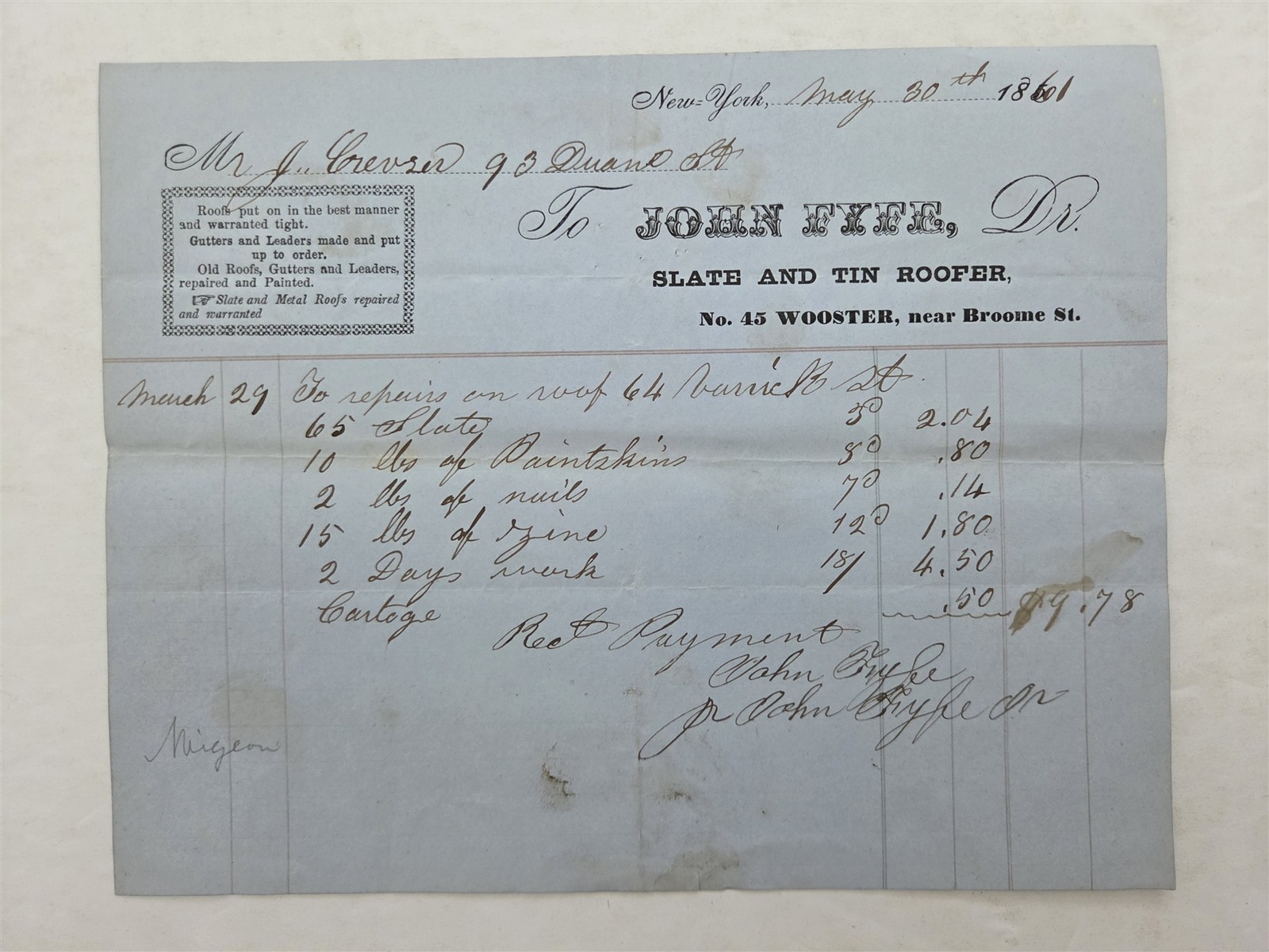 1861 antique JOHN EYRLE new york ny SLATE TIN ROOFER BILLHEAD julien crevier