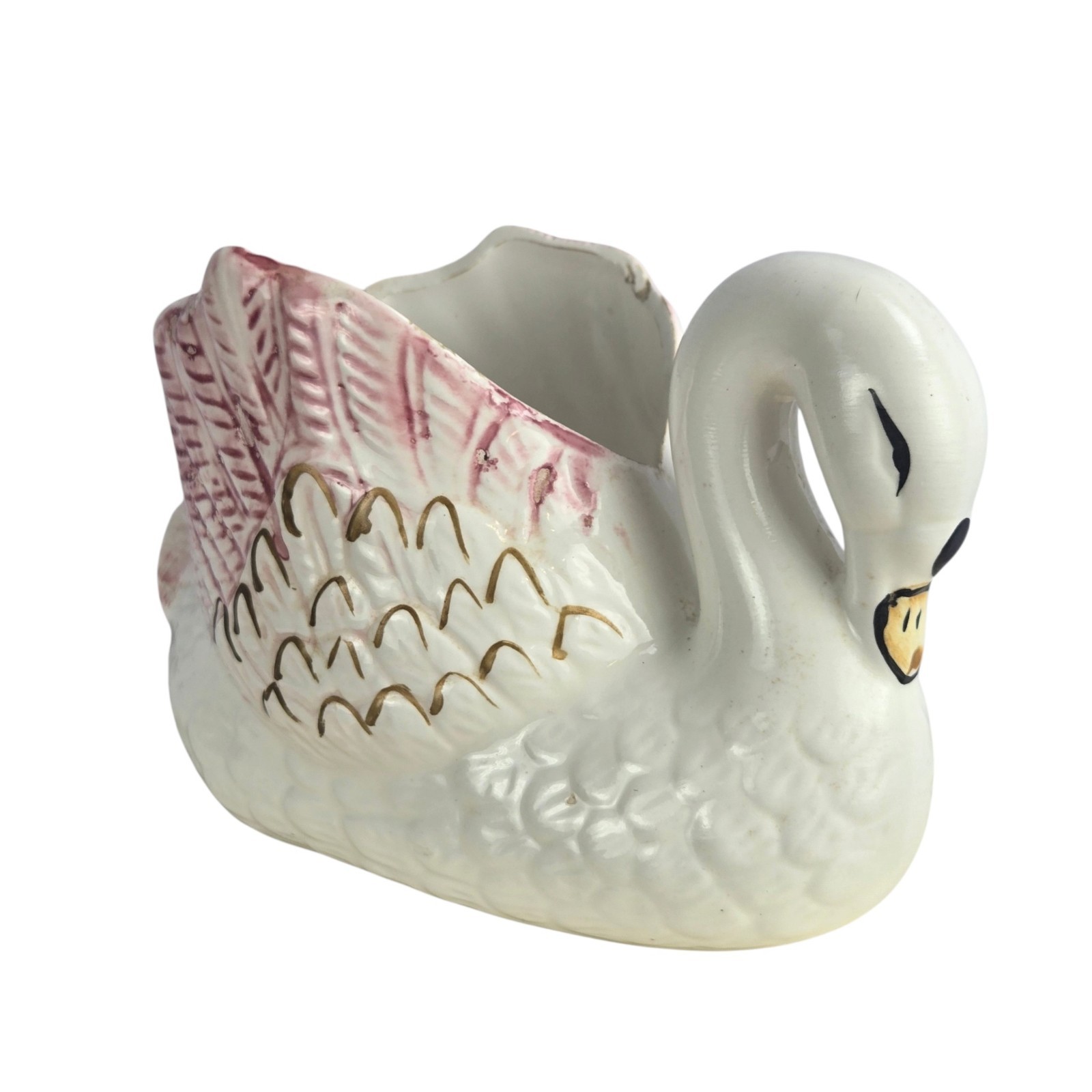 Ceramic Swan Planter Cream Pink Glazed Signed 4X7