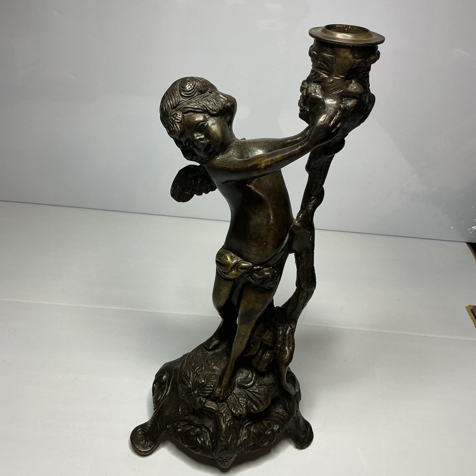 Antique Vintage Cupid CandleHolder Bronze Statue 11”Tall Victorian Edwardian