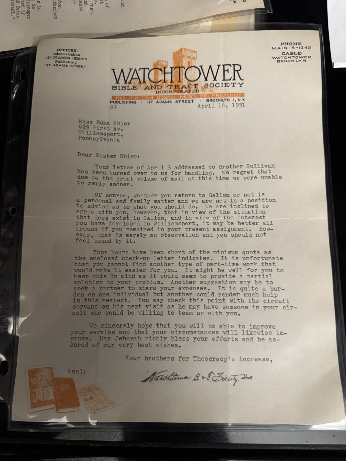 WATCHTOWER LETTER OF A BROTHER AND HOURS BEING SHORT 1951