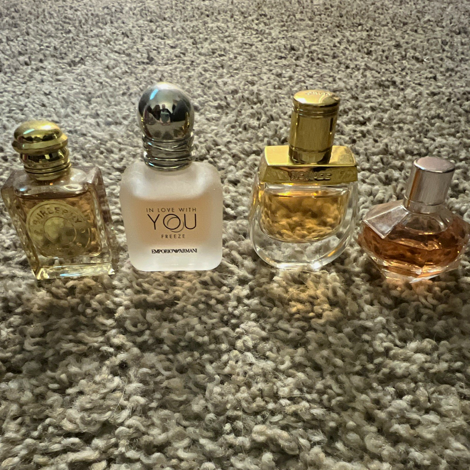 4pc Perfume Miniature Lot Burberry Goddess, Armani, Chloé Nomade, Flowerbomb