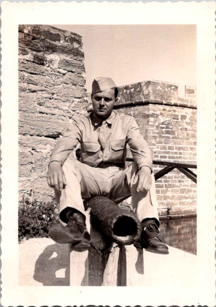 Vintage WWII Era Photo Soldier Serviceman Portrait Military Uniform Cannon Fort