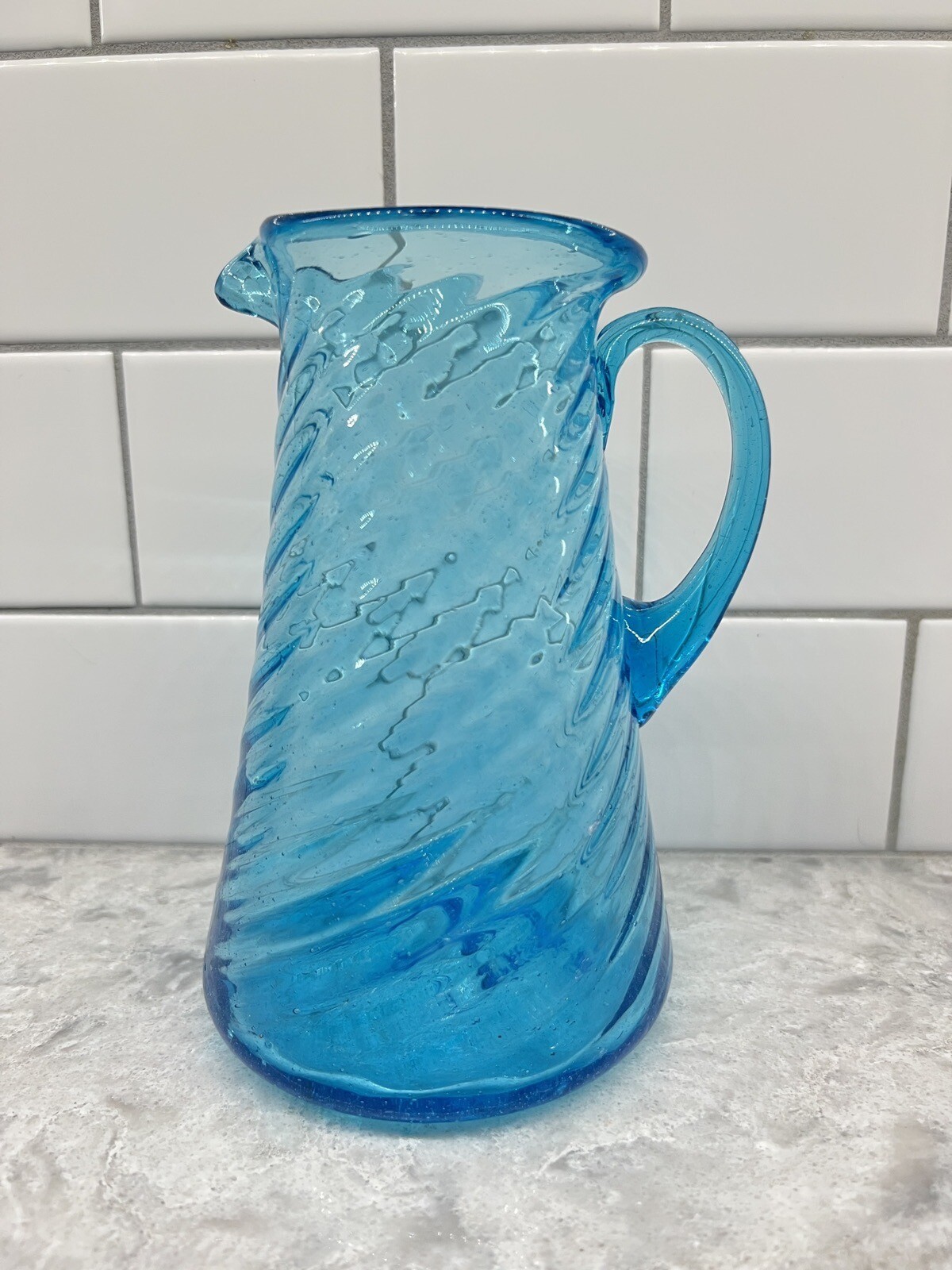 Vintage Aqua Blue Glass Creamer /Pitcher Swirled Hand Blown 6