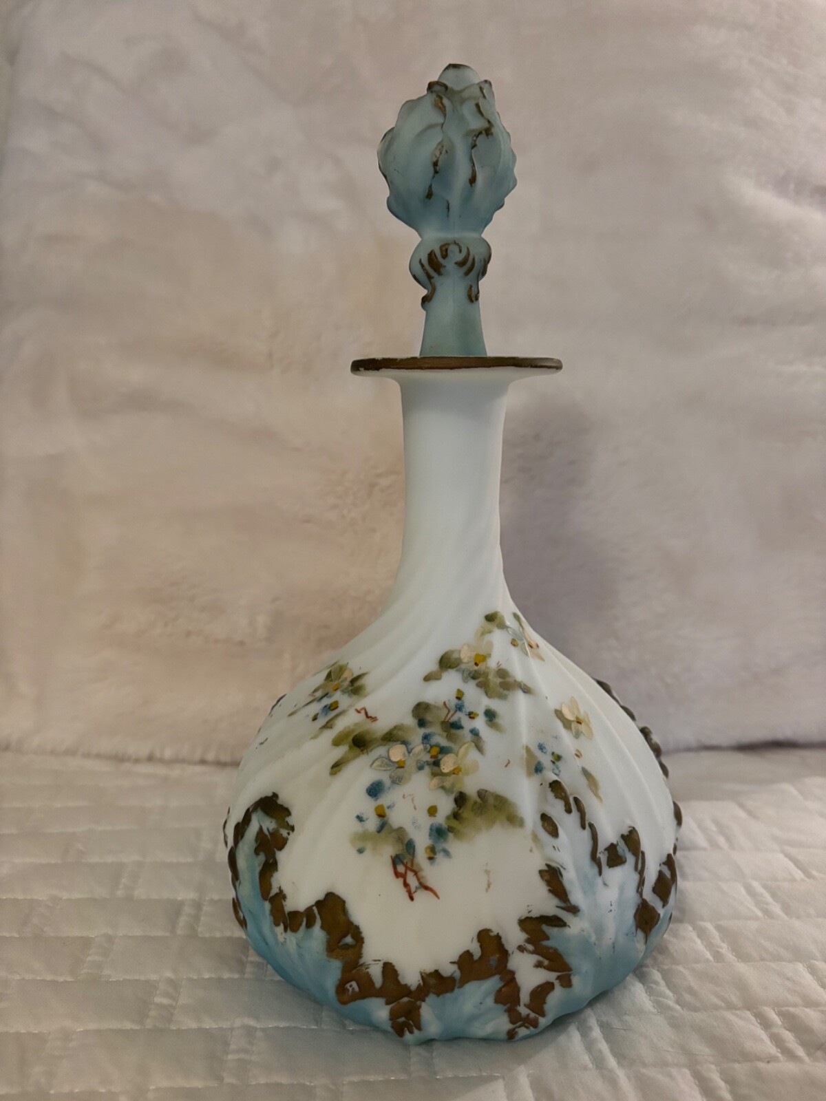 Antique Dithridge Co Victorian Milk Glass Floral Handpainted Blue Decanter EAPG