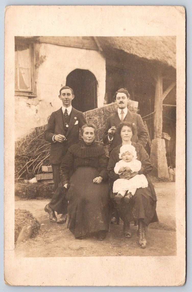 Antique France family group outdoor portrait baby cottage RPPC