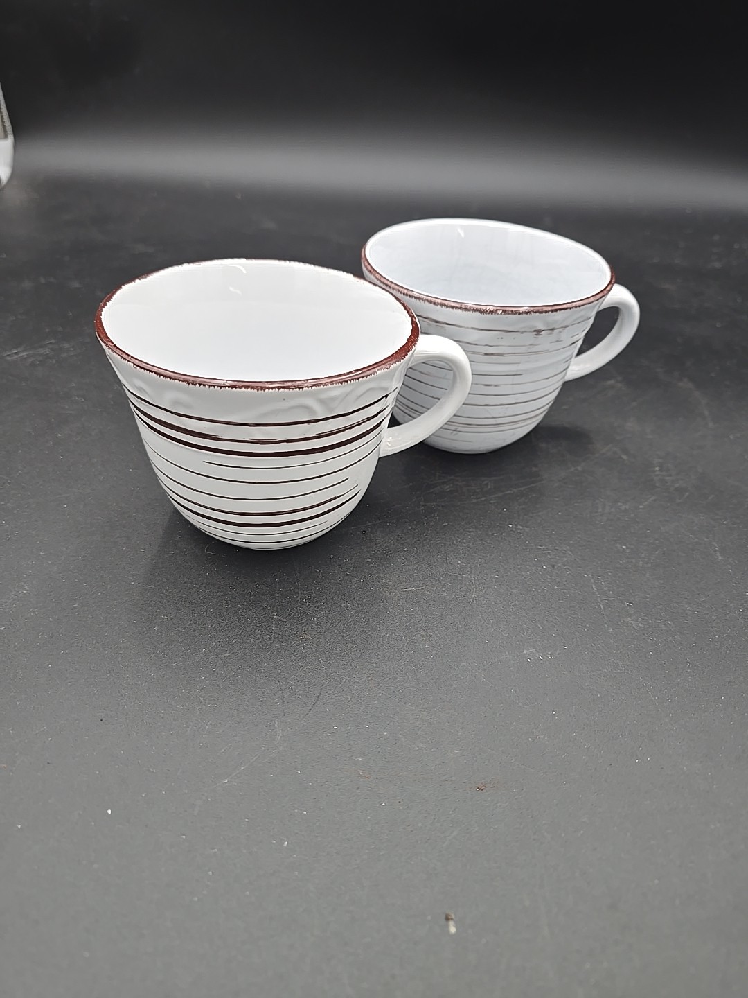 2 Pfaltzgraff White TRELLIS w Brown Rustic Stripes Ceramic Coffee Cup Mugs