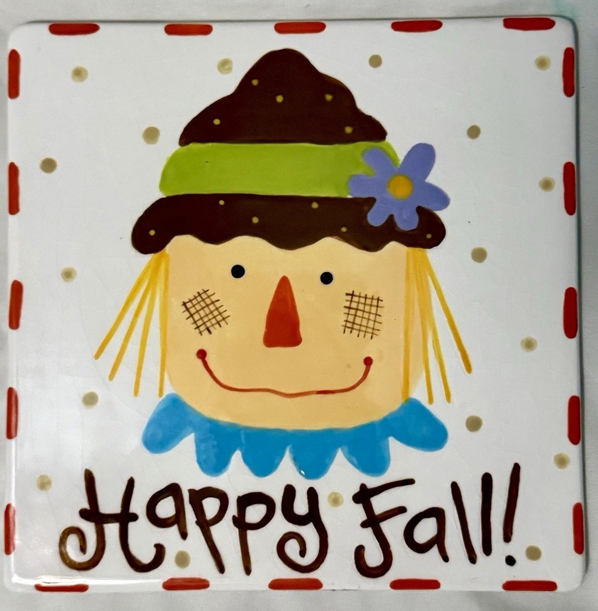 RARE Coton Colors Happy Everything Fall Scarecrow Square Ceramic Plate (2008ish)