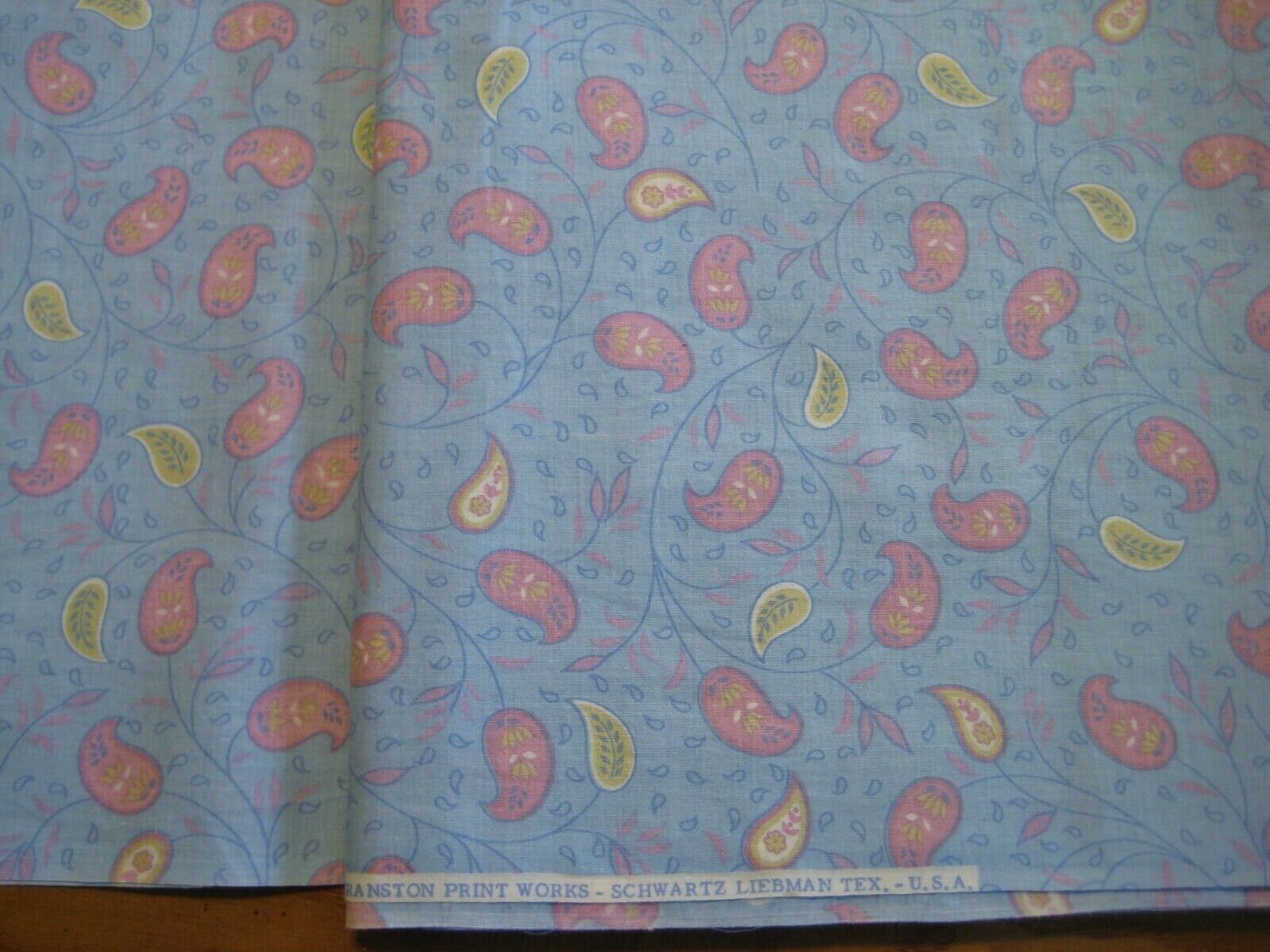 fabric Vintage Cranston pink paisley light blue  Schwartz Liebman 4 yards