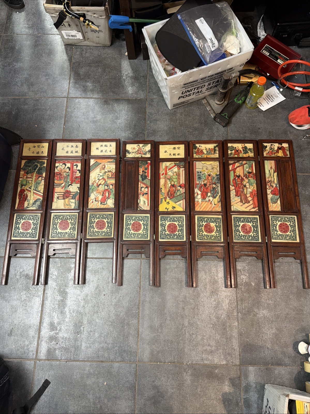 Antique Chinese 8 Panel Hand-Painted Mini Folding Screen Carved Engraved Broken Antique Chinese 8 Panel Hand-Painted Mini Folding Screen Carved Engraved Broken