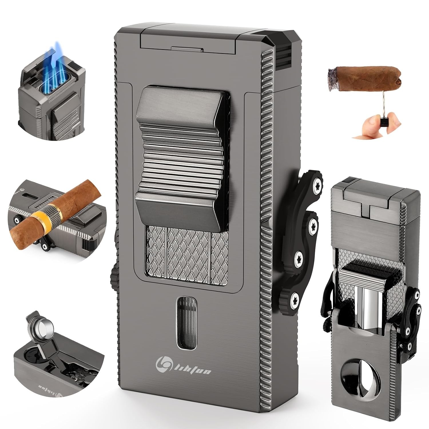 LIHTUN Cigar Lighter Multifunctional All-in-1 Torch Lighters Built-in Holder Cig
