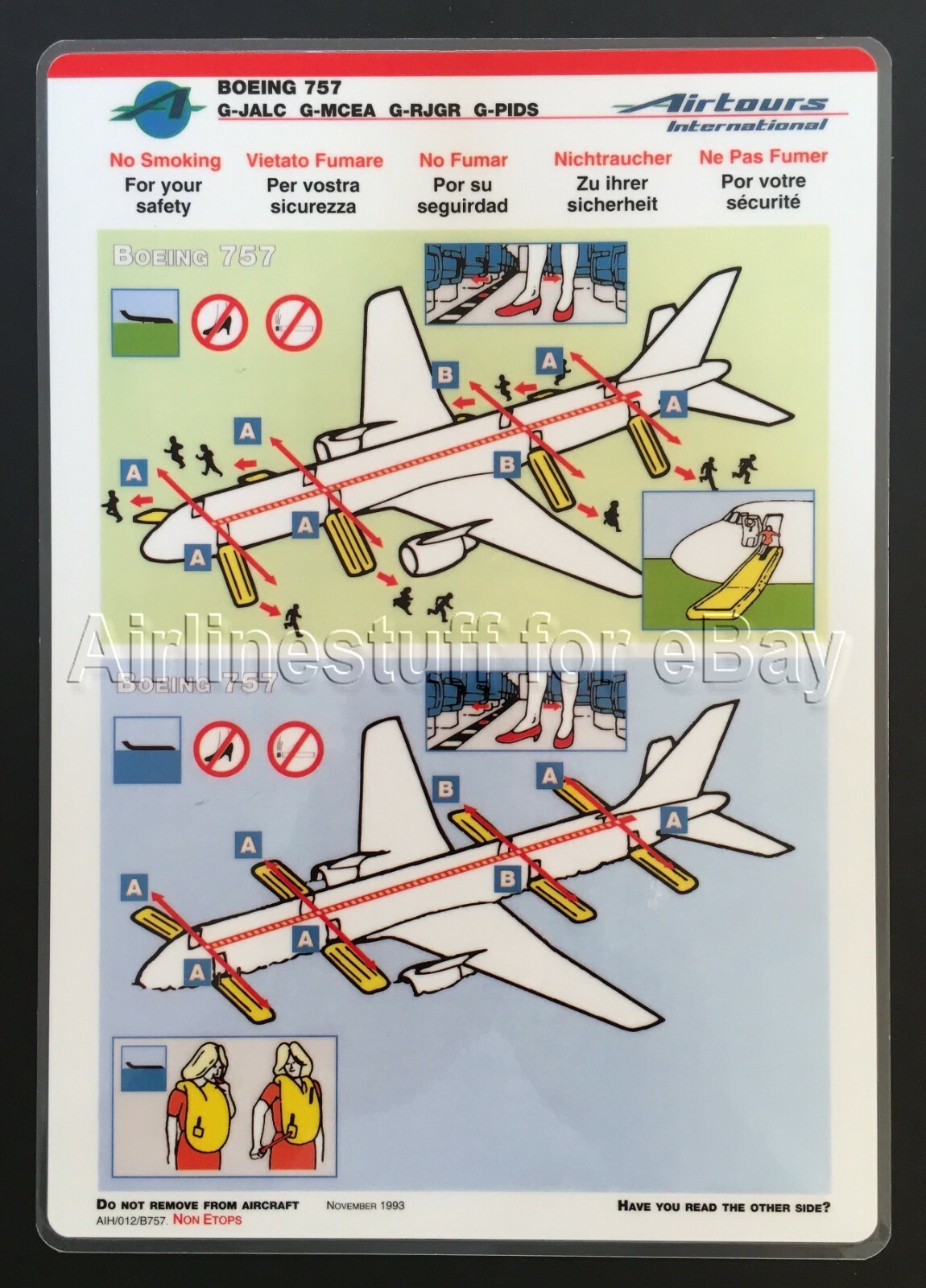 1993 AIRTOURS INTERNATIONAL Boeing 757-200 SAFETY CARD airlines airways UK