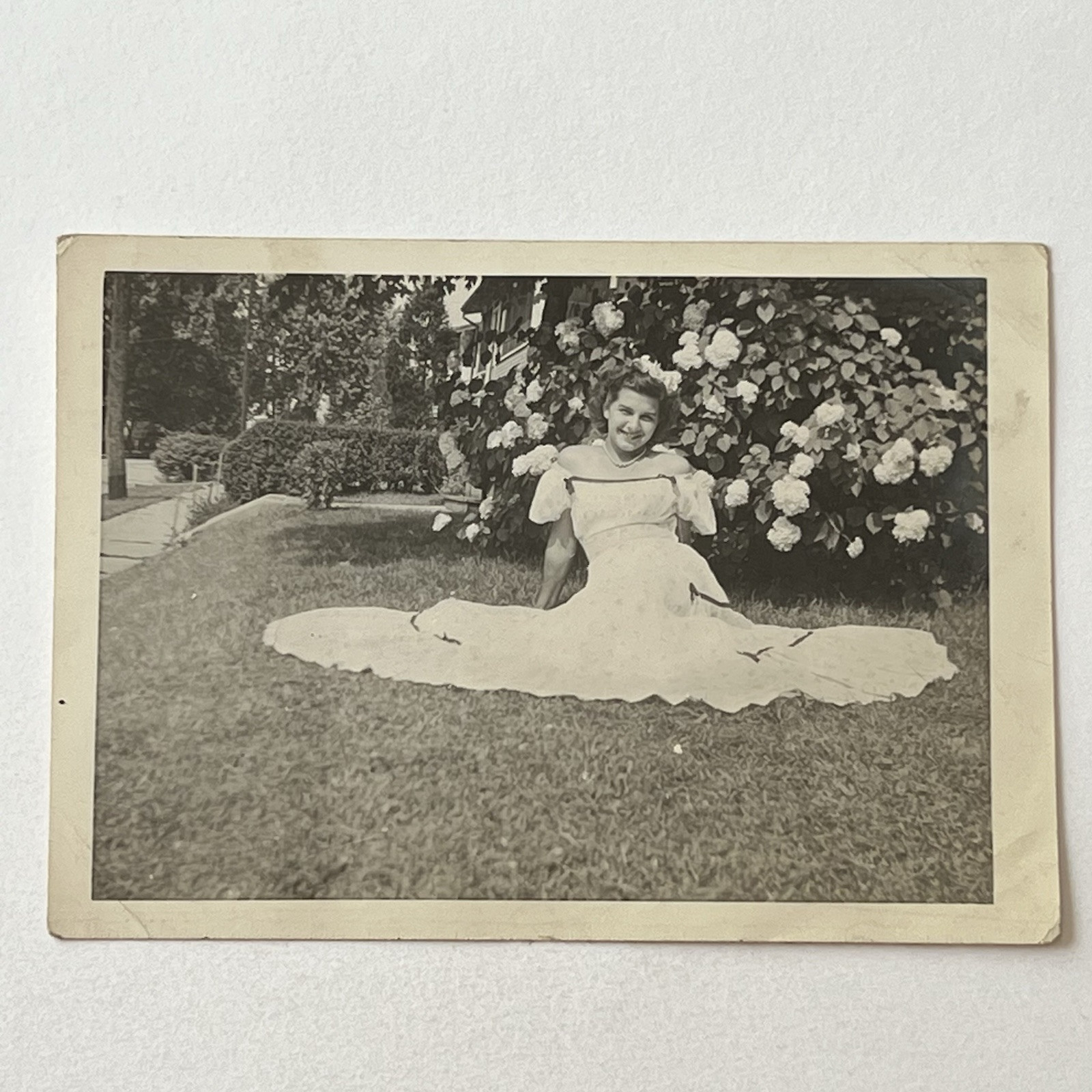 Vintage B&W Snapshot Photograph Beautiful Young Woman Teen Girl Sitting Outside