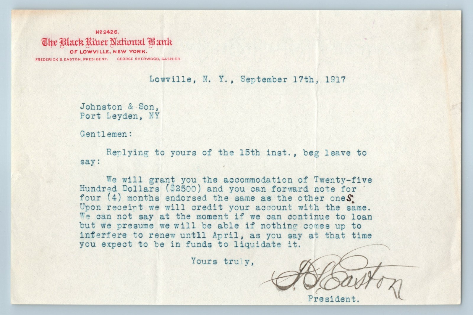 Letterhead Black River National Bank Lowville NY 1917 Easton Signature WWI
