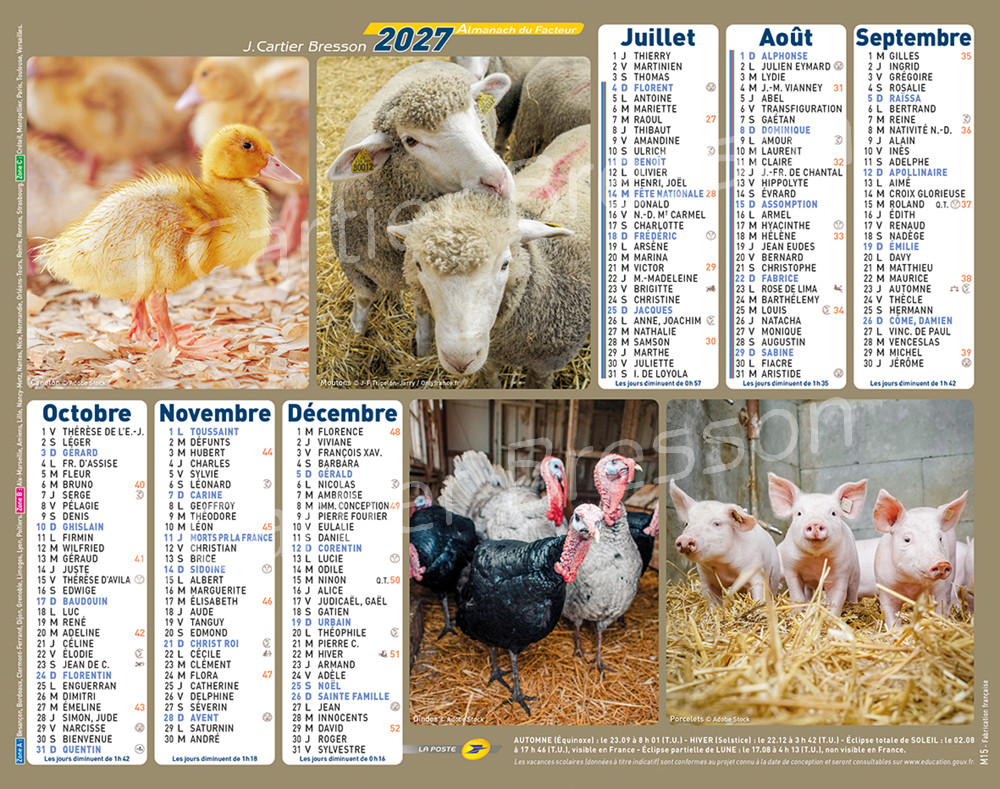 La Poste Calendar 2027 Almanac Animals Landscape Flowers Dogs Cats 29 Models
