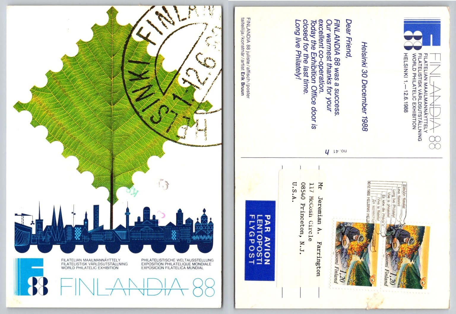 Finlandia 88 Helsinki Philatelic Exhibition Postcard Erik Bruun 1988 Posted