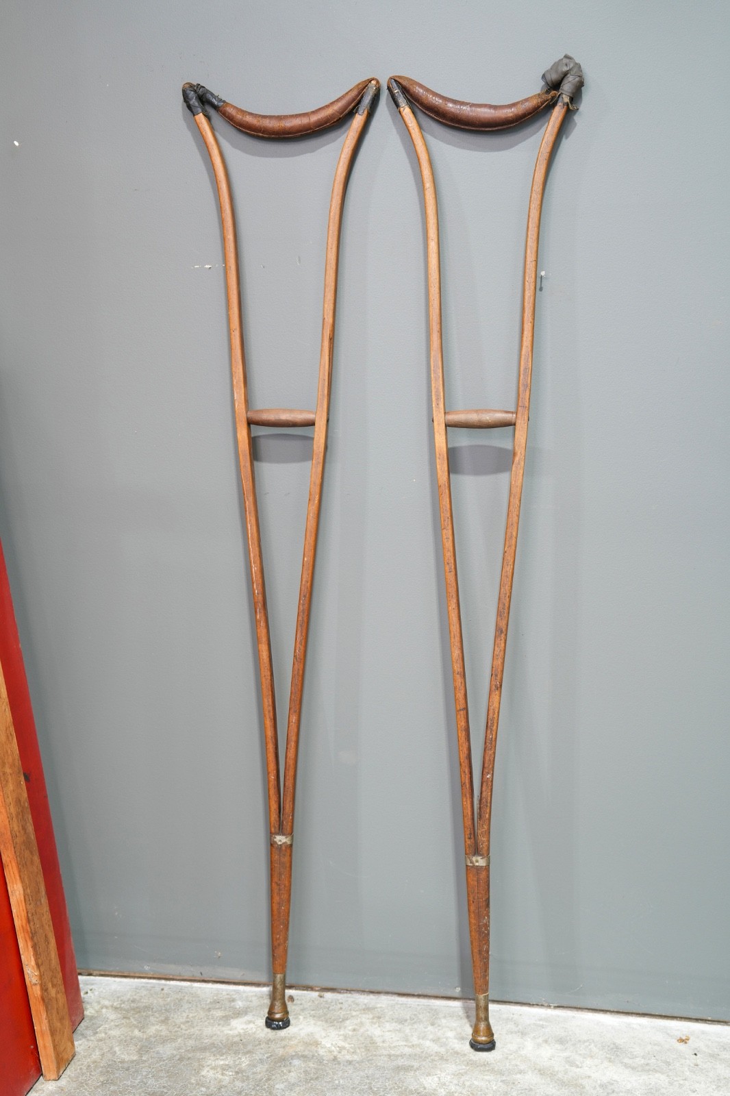 Antique Wooden Civil War Army Medical Crutches Leather wood Vintage RARE
