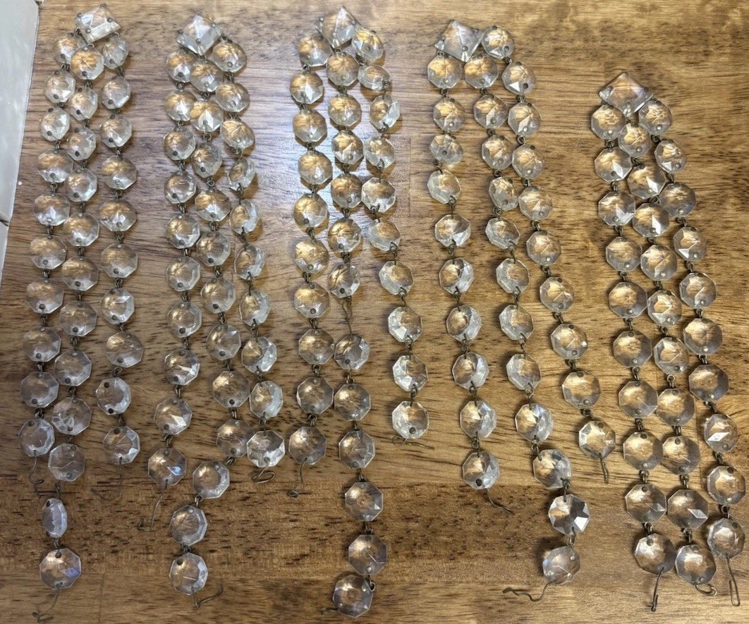 VTG 5 Triple strands Of Faceted 5/8” Octagon Crystal Glass Prisms~Chandelier~158
