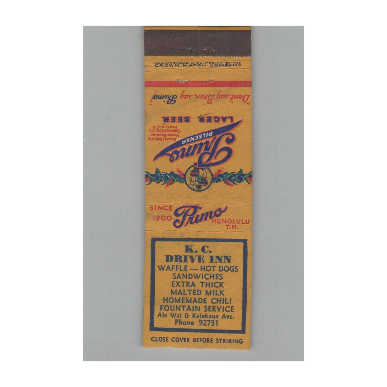 Vintage Territory Of Hawaii Matchbook Cover Primo Beer K.C. Drive Inn Waffles