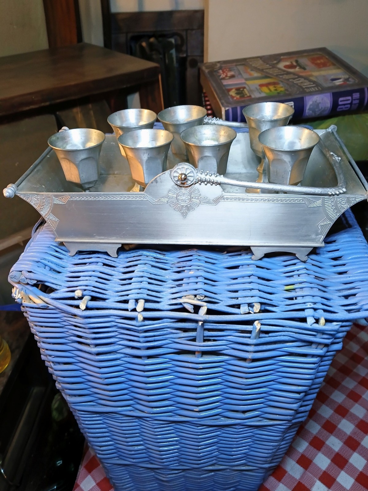 Vintage Balfour Kinta Valley Pewter Shot Glass Goblet Set Art Deco Tray 8pc